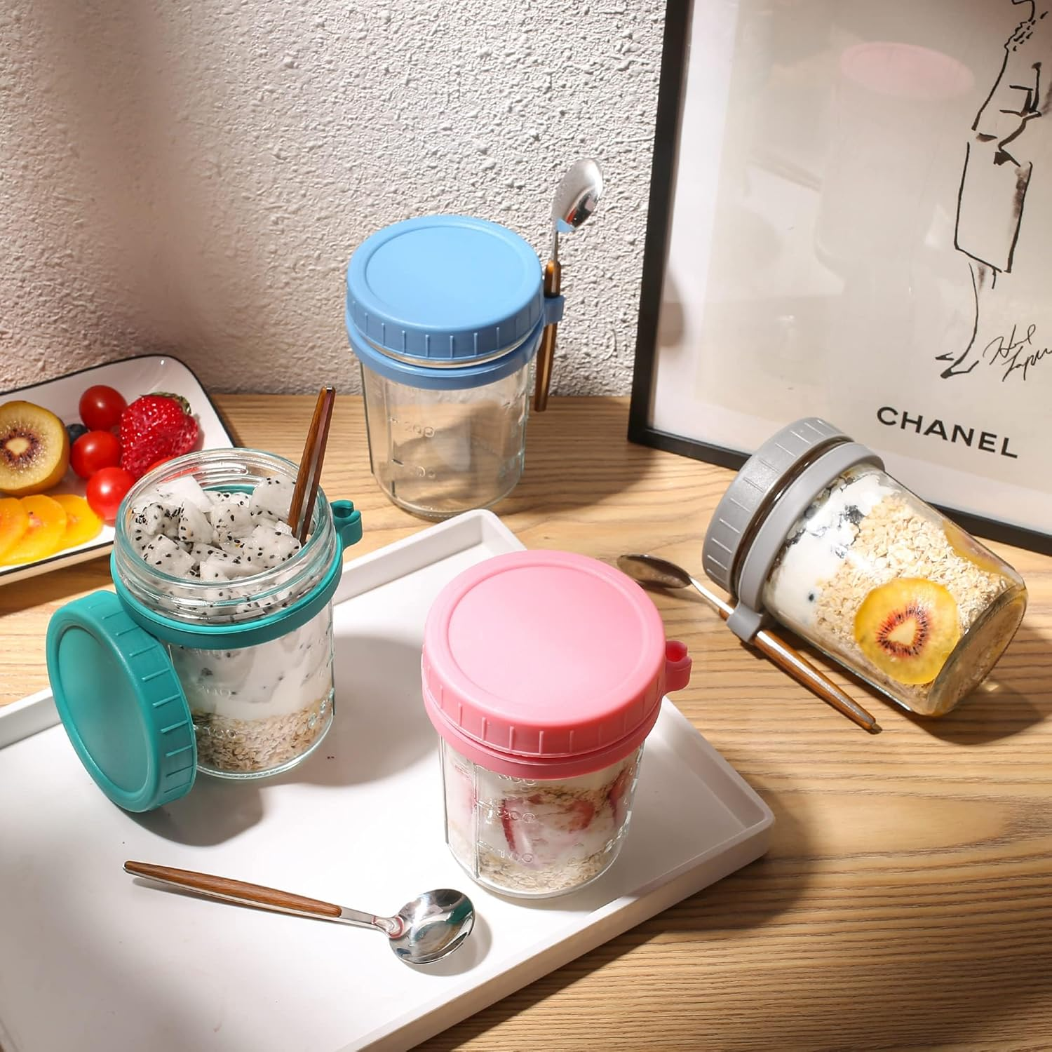 4 Pack Overnight Oats Containers with Lids and Spoons, 350Ml Glass Mason Jars for Overnight Oats, Large Capacity Airtight Jars for Milk, Cereal, Fruit (350Ml) image number 1