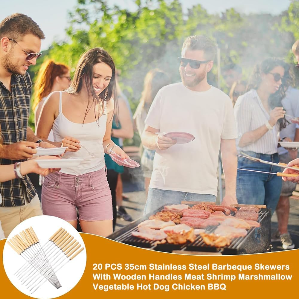 Frafuo 20 PCS Barbecue Skewers-33Cm Kabob Skewer with Wooden Handle-Reusable Stainless Steel BBQ Skewers-Metal Skewers for Meat Shrimp Chicken Vegetable Hot Dog and Marshmallow image number 6