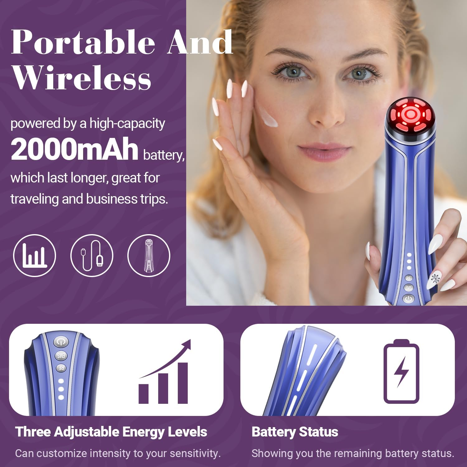 Radio Frequency Device - TUMAKOU 4 in 1 EMS Red Blue Light Therapy Wand for Face at Home - Microcurrent Facial Device - RF Radiofrequency Skin Neck Facial Machine