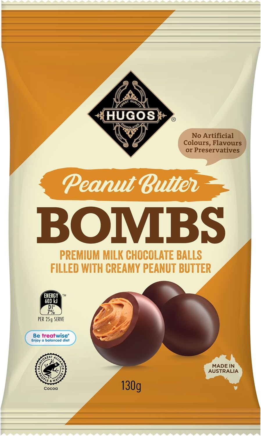 Hugos Chocolates Peanut Butter Bombs 130G, Chocolate Balls without Compromise or Comparison. Indulgent Favourites for the Perfect Snacks Sweets or Chocolate Gift image number 1