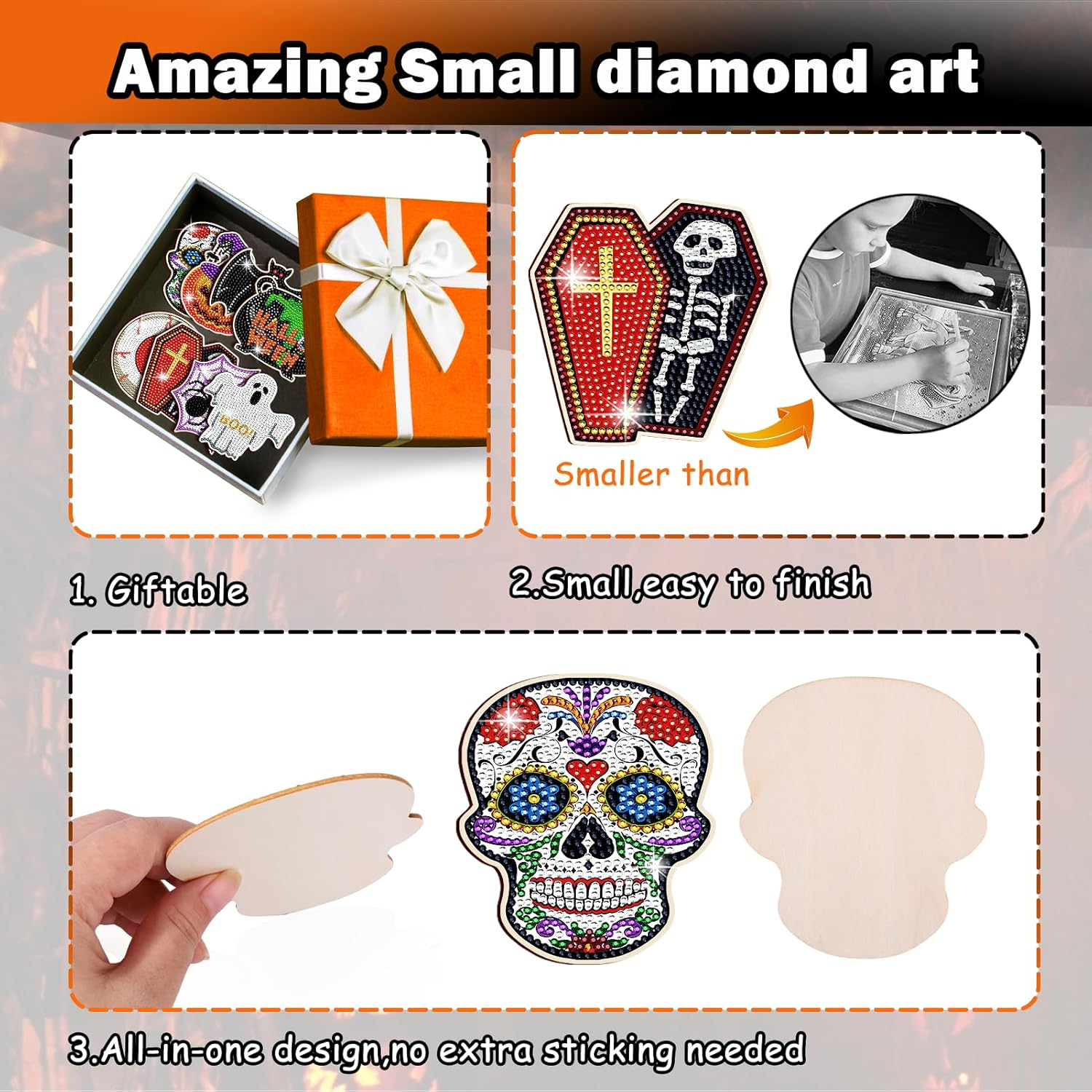 8 Pcs Halloween Diamond Art Kits for Adults, Skull Crafts Coasters and Accessories - Cork Coasters image number 6