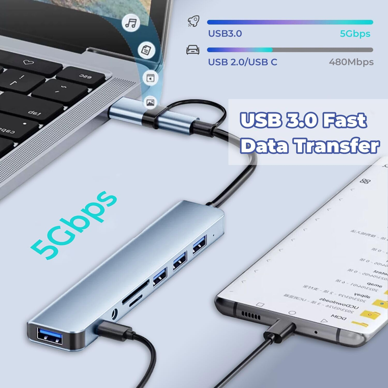 USB C Hub USB Hub 3.0, Aluminum 8 in 1 USB Extender with SD/TF Card Reader, 3.5Mm Aux Headphone Jack for Macbook Pro Air and More Pc/Laptop/Tablet Devices image number 1