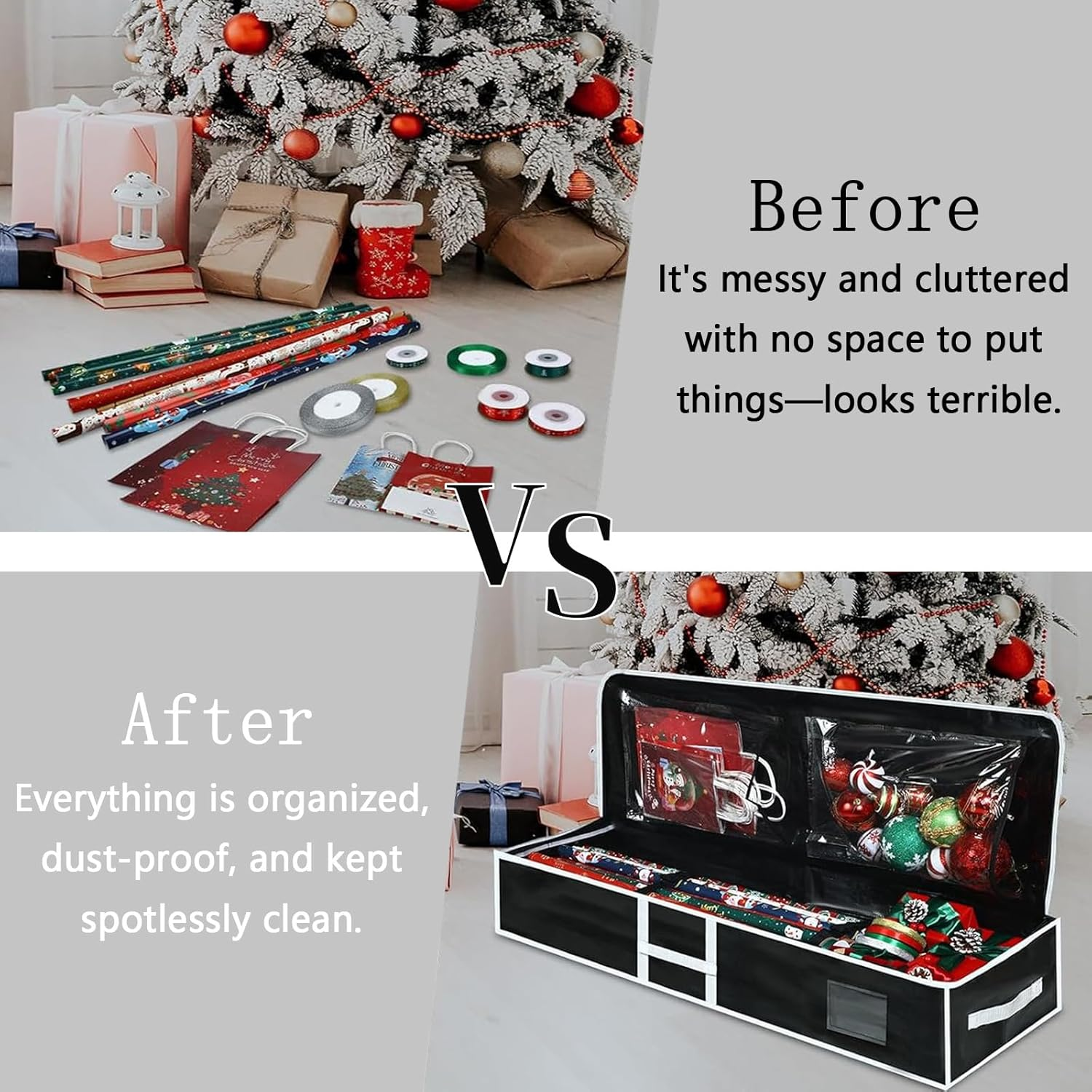 Wrapping Paper Storage Box, 104&times;36&times;16Cm Large Capacity Christmas Wrapping Paper Organizer Containers with Zipper Pockets, Foldable Gift Wrap Storage for Holiday Decorations (Black with Gray Trim)