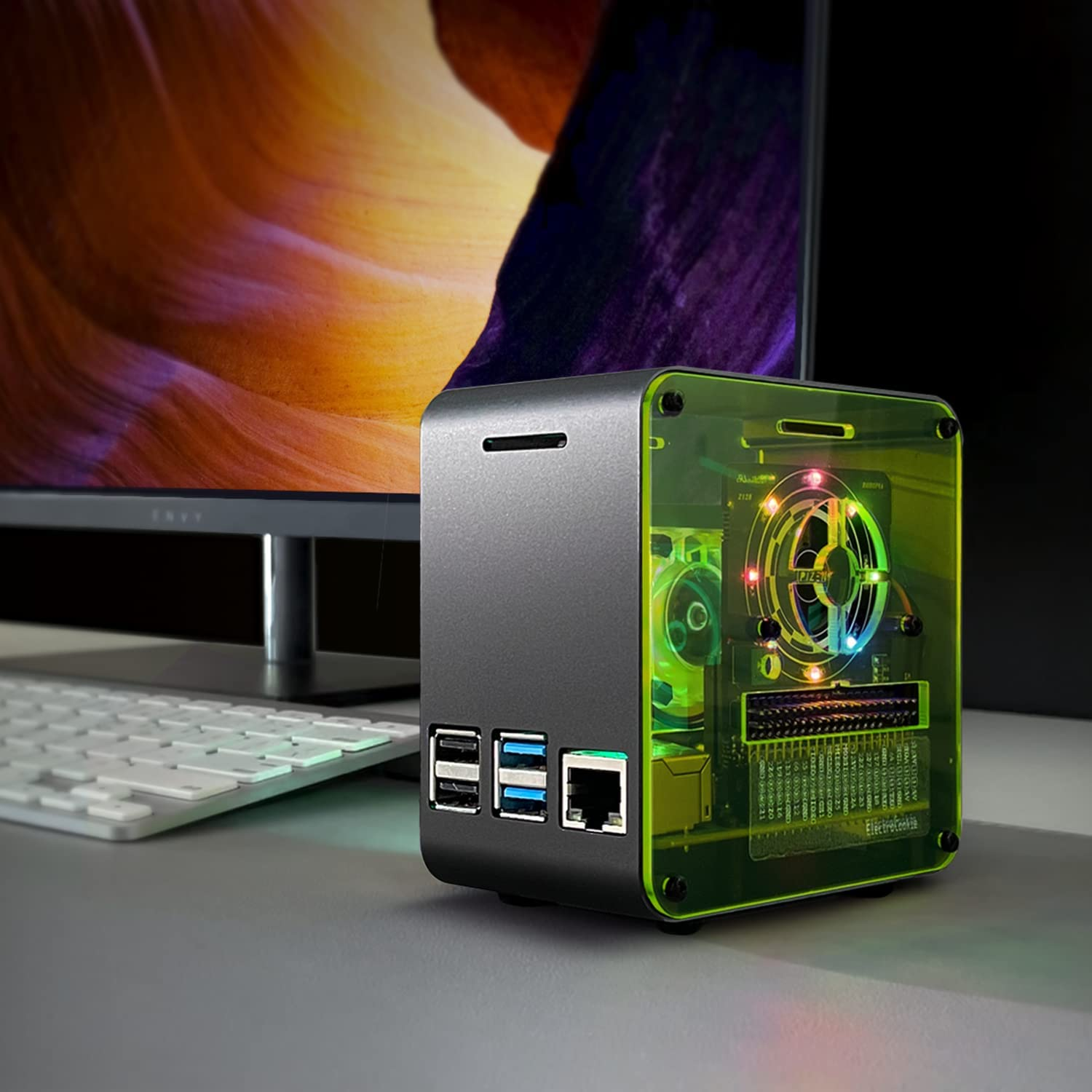 Electrocookie Raspberry Pi 4 Case, Aluminum Mini Tower Case with Cooling Fan and Color Changing Ambient Light (Black Neon) image number 5