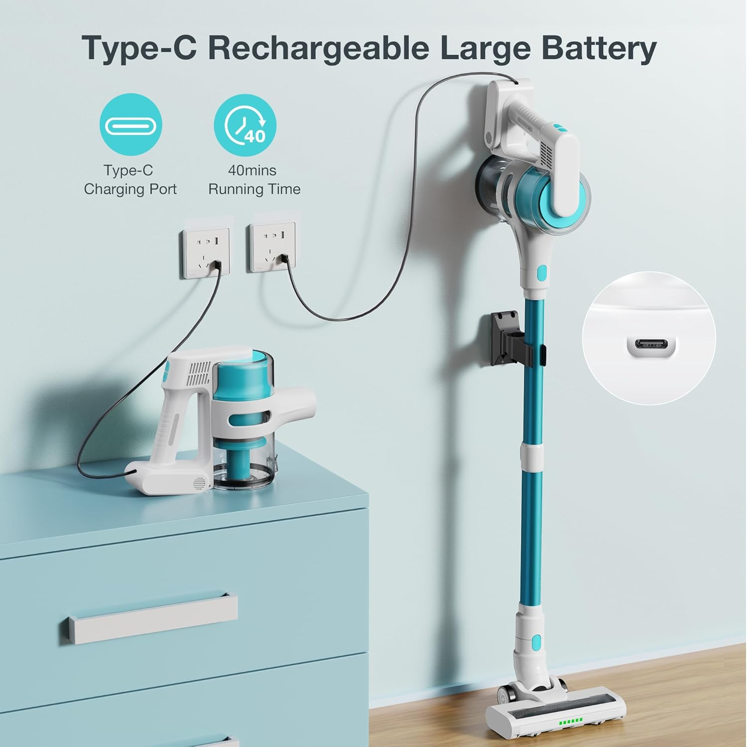 Cordless Vacuum Cleaner, 4-In-1 Lightweight Vacuum Cleaner, 18Kpa / 300W 2-Speed Power with 40-Minute Run Time with Type-C Charger, Tangle Resistant for Pet Hair, Hard Floors and Carpets.