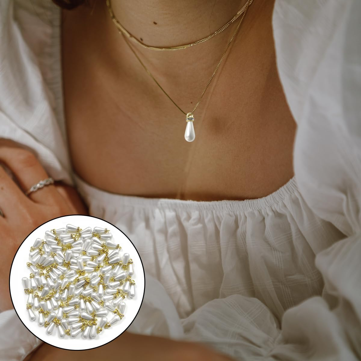 WELANE Drop Pearl Charms, 100 PCS Teardrop Shaped Pearl Pendant with Golden Edge and Rhinestones for Jewelry Making (8 X 15Mm) image number 6