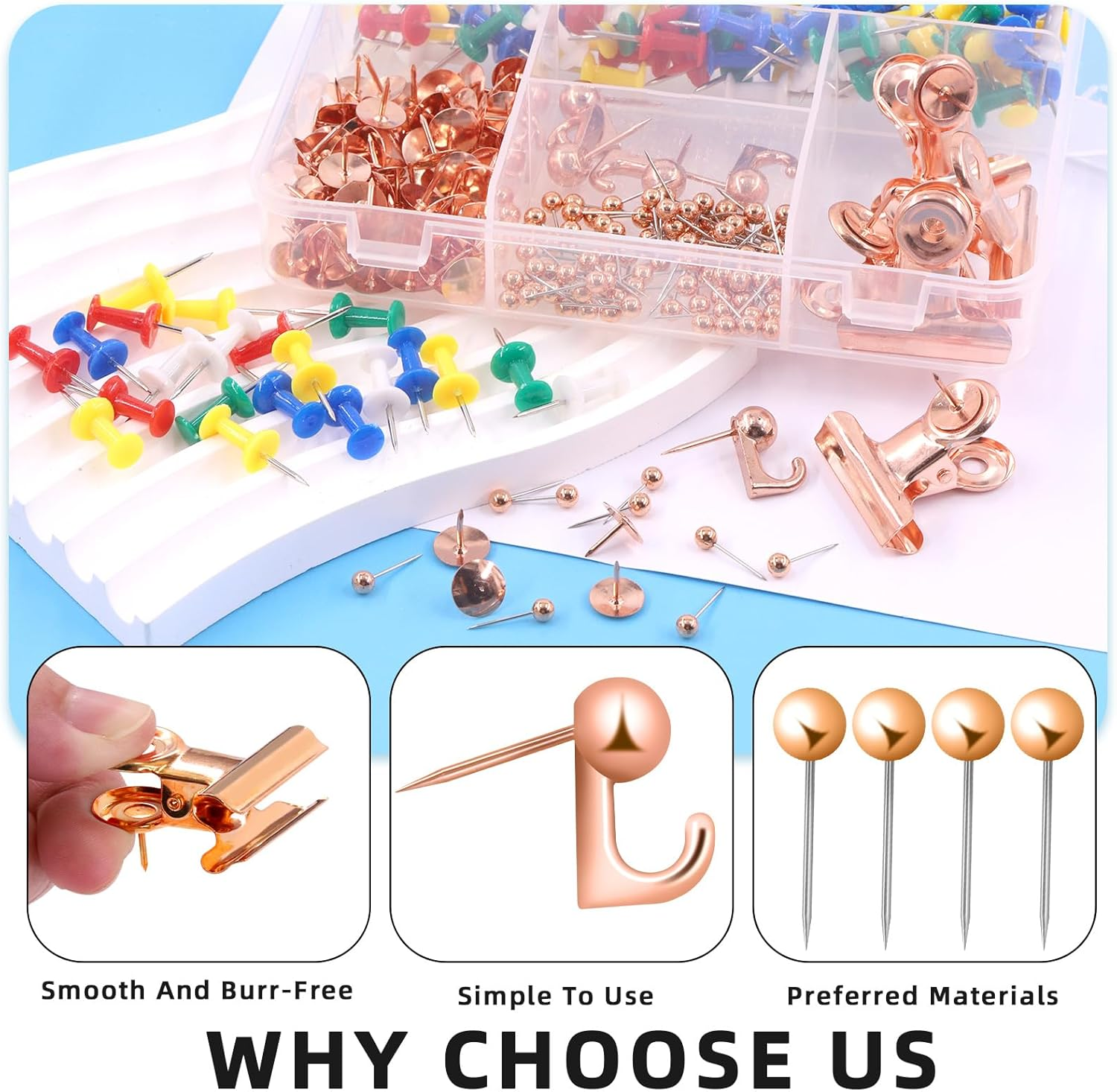 Glarks 310Pcs 5 Styles Rose Gold Push Pins Set, Thumb Tacks Decorative Push Pins for Bulletin Board Decorations, Artworks, Photos, Craft Projects