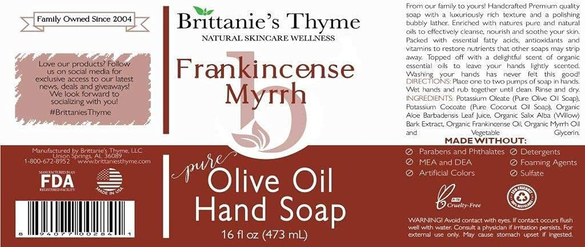 Frankincense & Myrrh Olive Oil Hand Soap - Cruelty Free, Vegan, Gluten Free, All Natural image number 6