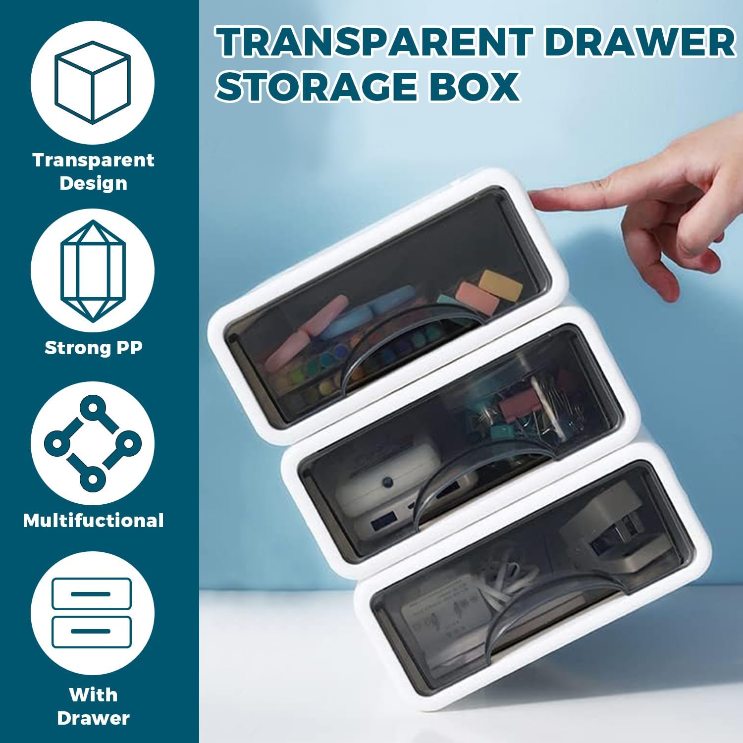 DAWNTREES Stackable Office Storage Box with Drawers｜ Desk Storage Box with 4 Drawers｜Organize Desk Accessories Plastic Desktop Storage Box，Desk Accessories (4S) image number 4