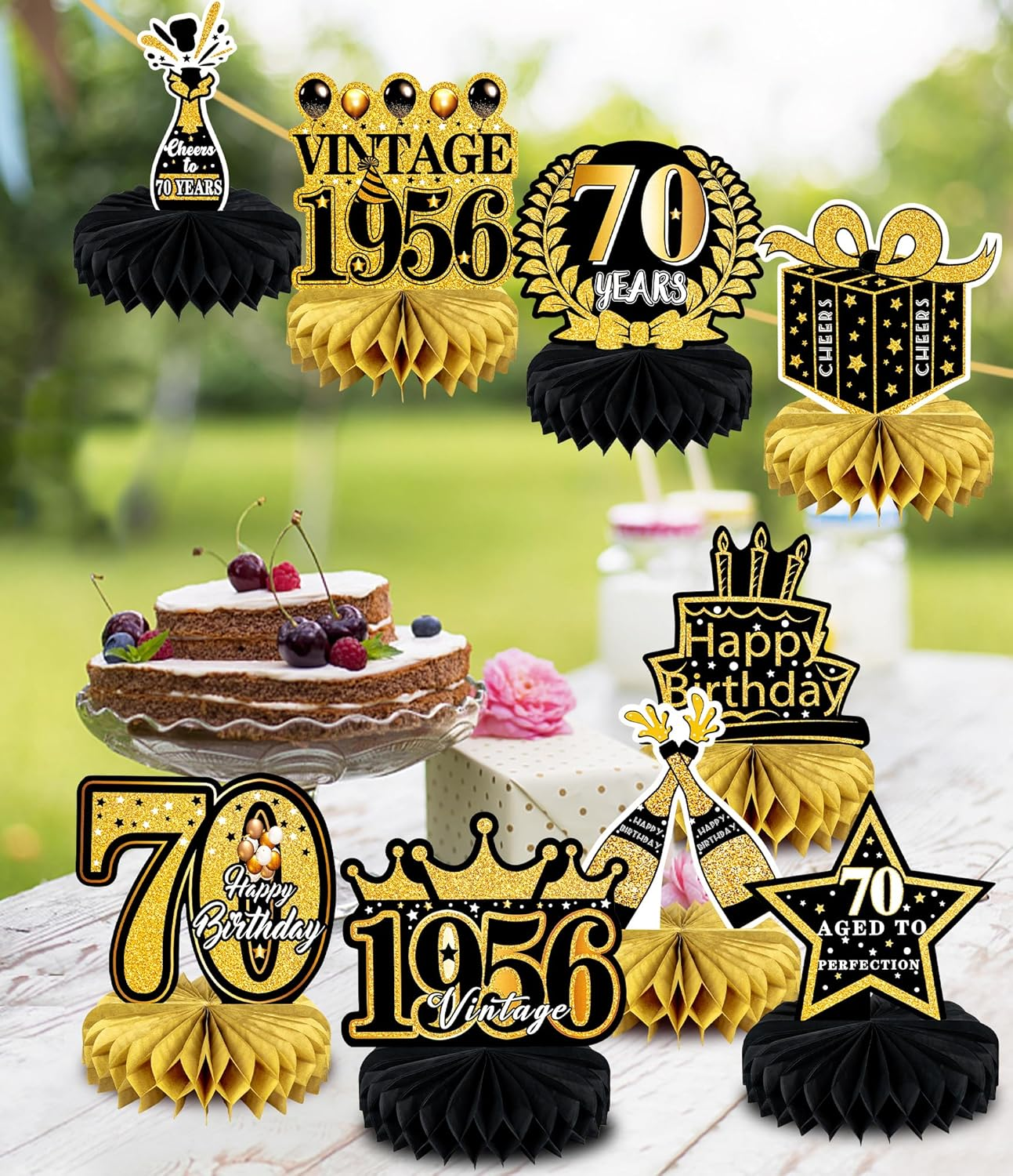 9 Pcs 70Th Birthday Decoration for Men Women - Honeycomb Centerpieces & Table Decorations - Black & Gold - Cheers to 70 Years - 1955 Birthday Party Favors - 80Th-Black And Gold image number 7
