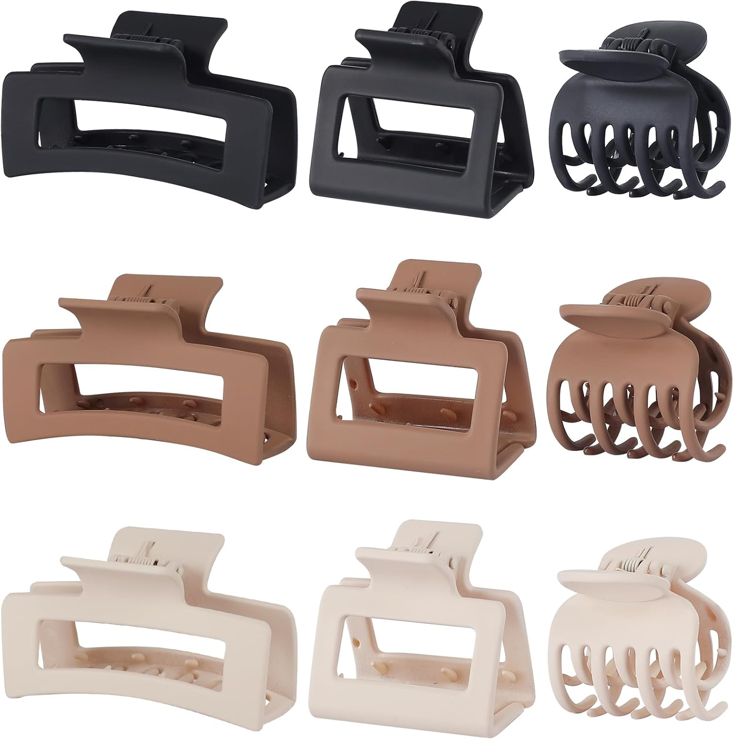 3 Style Claw Hair Clips Set for Women - 9 Pcs Medium Rectangle Clips for Thick Hair, Square Clips for Thin Hair - Grey