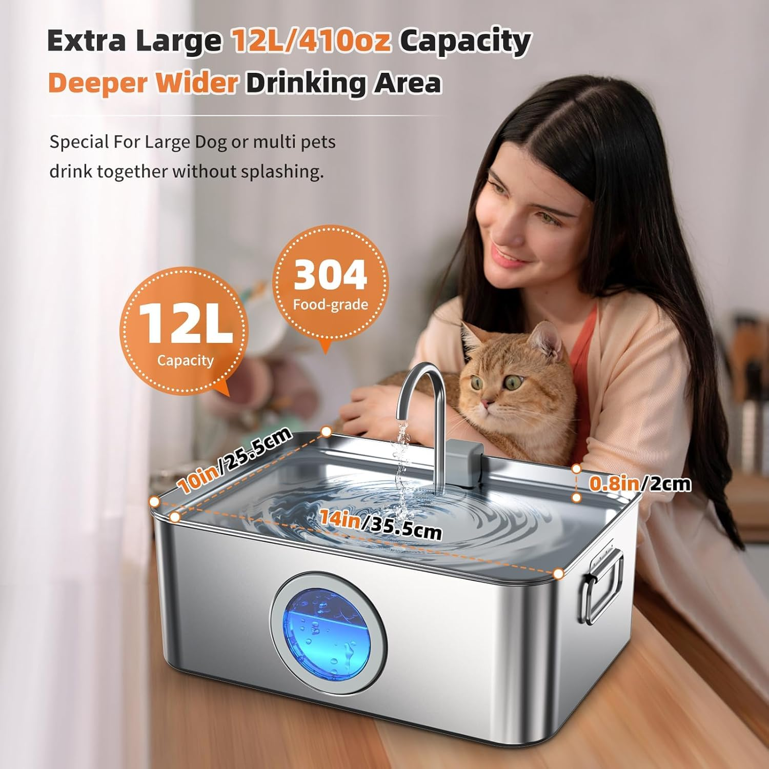Cat Dog Water Fountain Stainless Steel 12L/410Oz/3.2Gal, DYSJ01 Ultra Quiet Pet Water Fountain for Large Dogs Cats & Multi-Pet Home with Water Level Window & LED Indicator image number 5