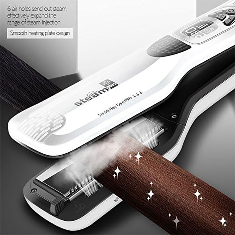 Steam Hair Straightener, Salon Professional Nano Titanium Ceramic Steam Flat Iron Hair Styler with Removable Teeth Comb + Digital LCD + 5 Level Adjustable Temperature + Auto Temperature Lock (White) image number 3