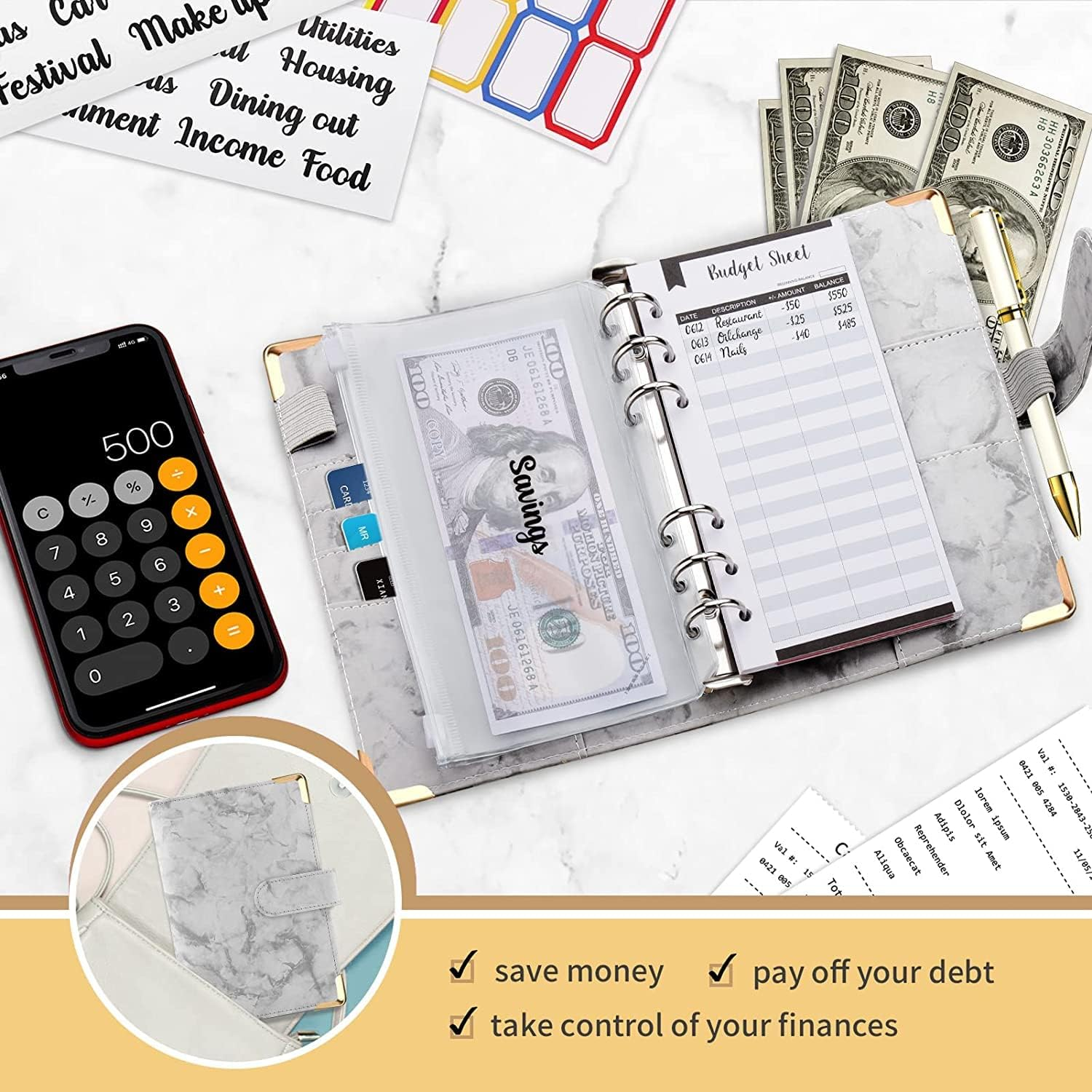 MATHARAGO Budget Binder, Cash Envelopes for Budgeting, Money Organizer for Cash, 12Pcs Budget Binder with Cash Envelopes, Marble 6-Ring Money Saving Binder (Grey)