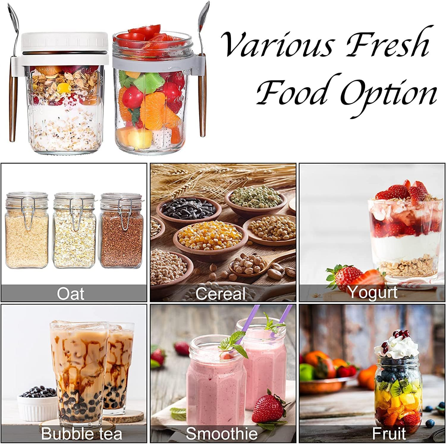 HJB VISSO Glass Jars, Overnight Oats Container with Lid and Spoon [4 Pack], Overnight Oats Jars, 350Ml / 10 Oz Cereal, Milk, Vegetable and Fruit Salad Storage Container with Measurement Marks image number 4