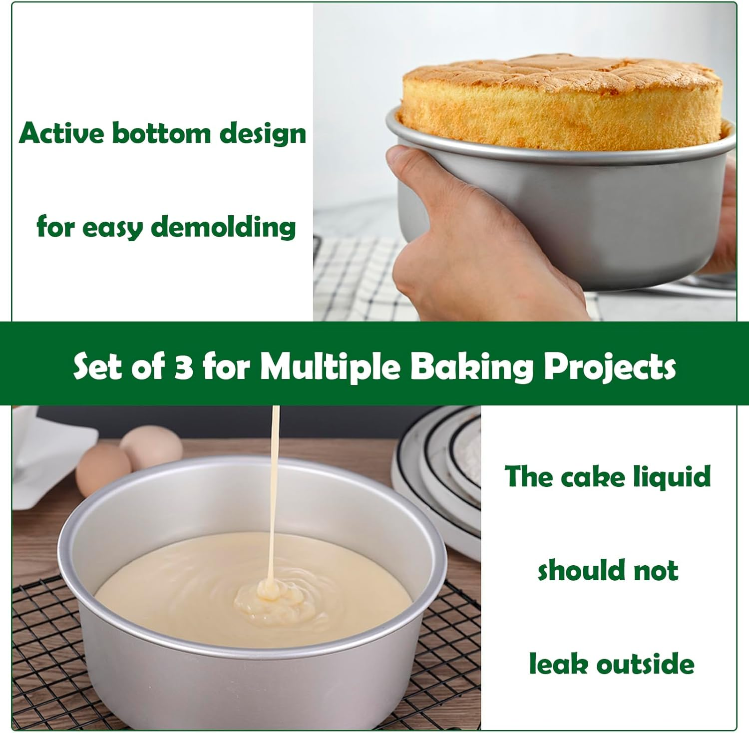 Meikurs 8 Inch round Cake Pan Set of 3, Aluminium Baking Pans with Removable Bottom, Non-Stick & Leak-Proof, Silver Finish, Ideal for Cheesecakes and Layer Cakes image number 4