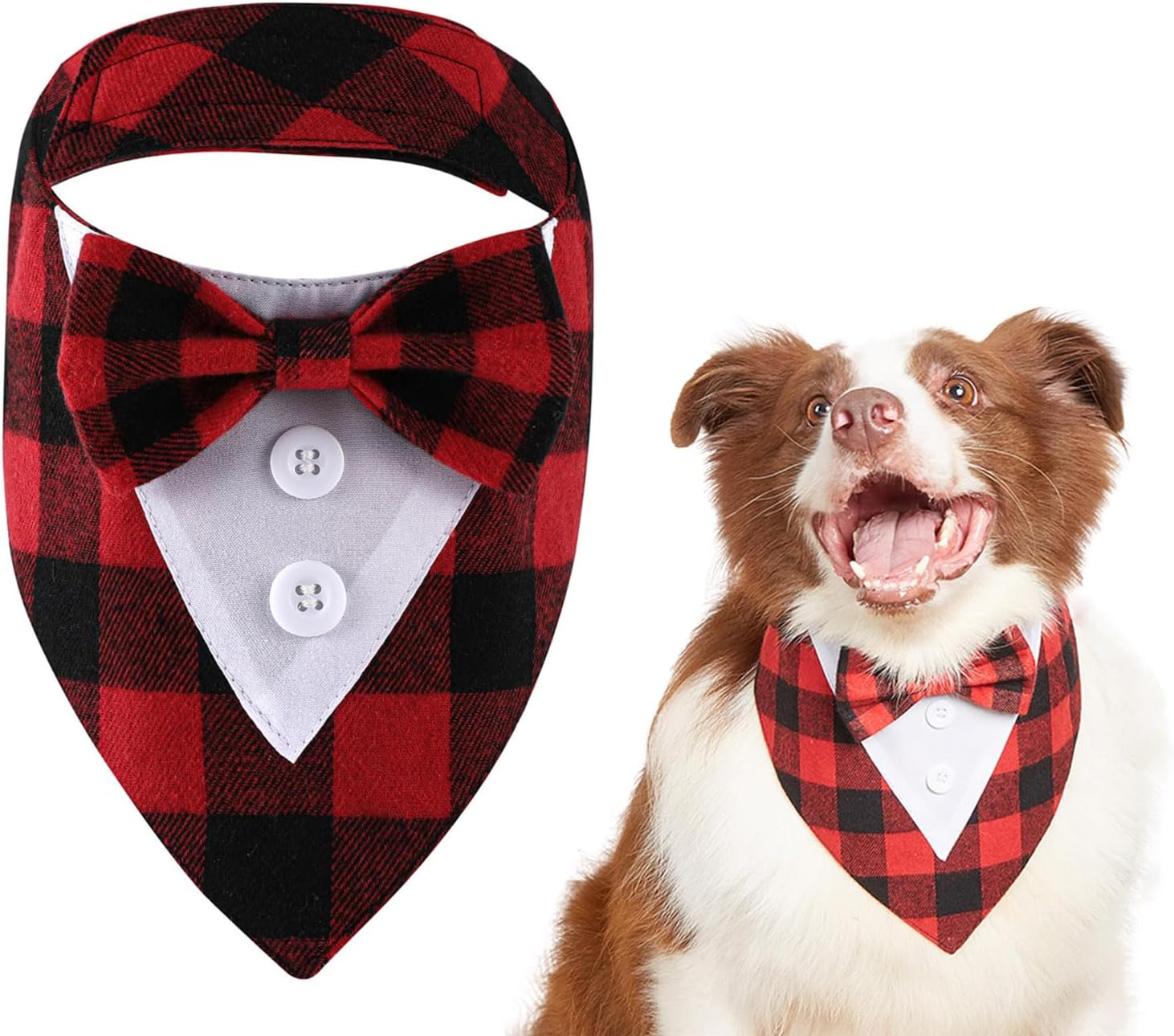 KASESSS Dog Tuxedo Bandana, Dog Bandana with Bow, Formal Dog Neckerchief Cotton, Dog Bow Tie Bandana with Red Plaid Bow, Adjustable Velcro Dog Wedding Bandana, Dog Bandanas for Medium Large Dog(L) image number 3