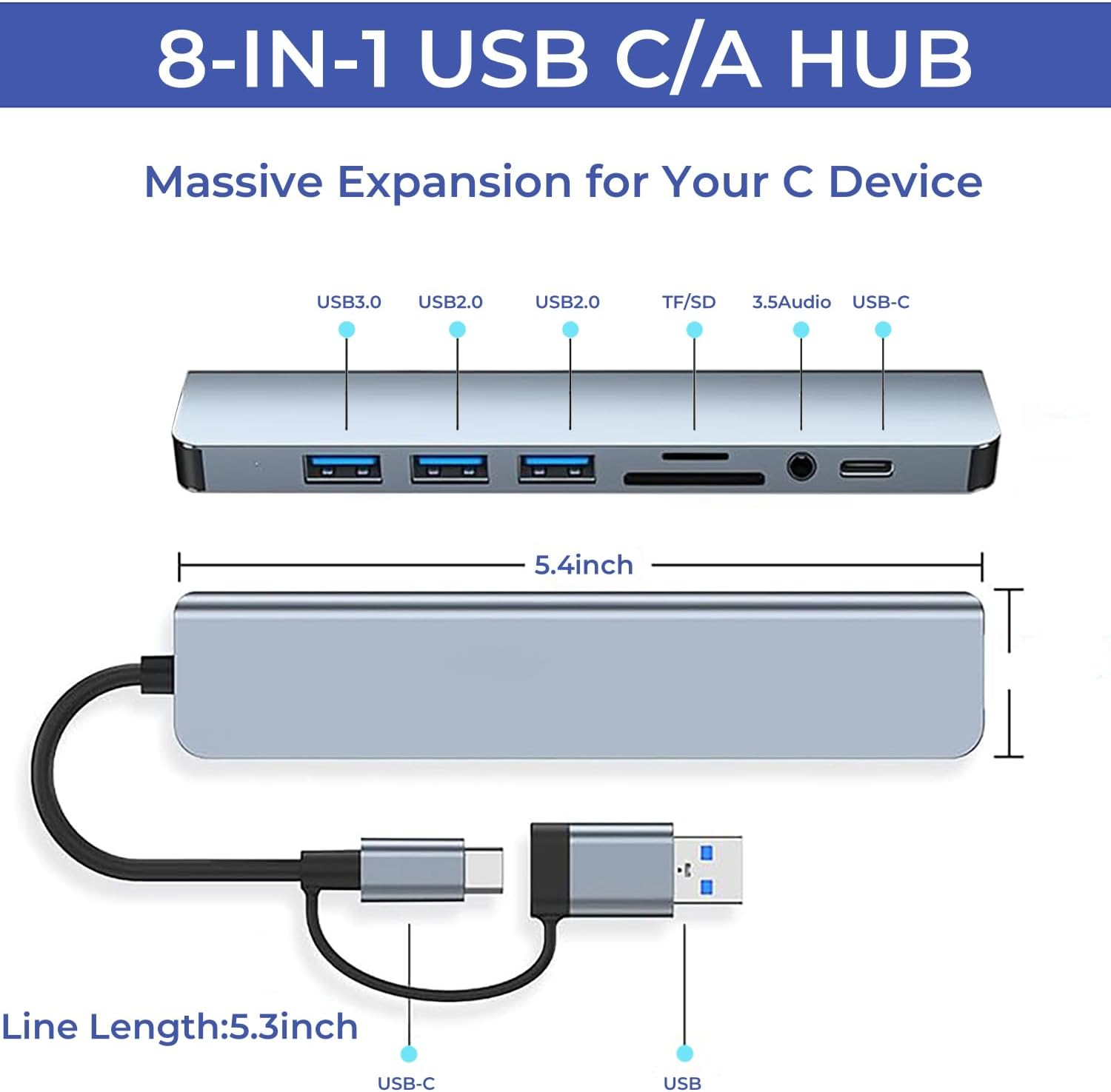USB C Hub USB Hub 3.0, Aluminum 8 in 1 USB Extender with SD/TF Card Reader, 3.5Mm Aux Headphone Jack for Macbook Pro Air and More Pc/Laptop/Tablet Devices image number 3