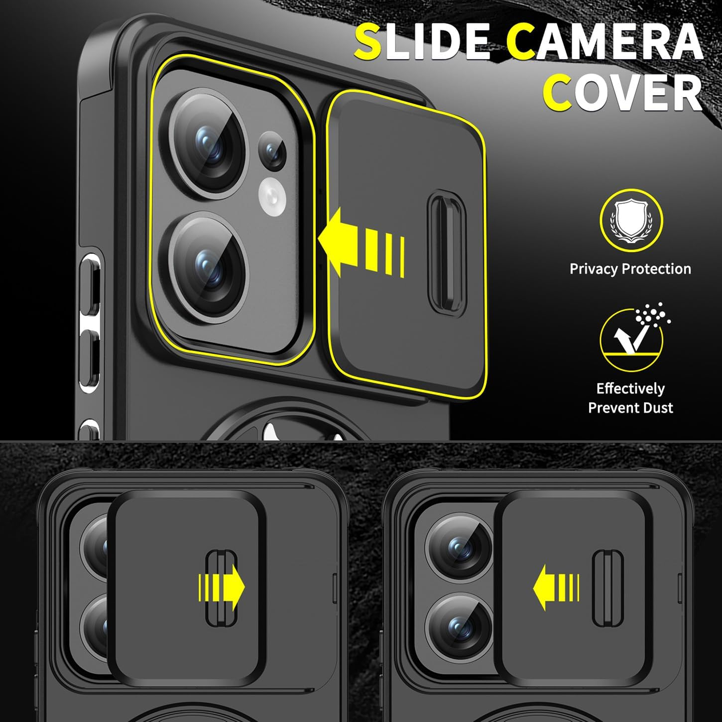 ILING Mobile Phone Case for Oppo Reno 13 FS (Oppo Reno 13F 5G/4G), Ultra Thin Military Shockproof Matte Hard PC Case, Soft Silicone TPU Protective Case with Magnetic Ring Stand and Camera Protection - Black image number 3