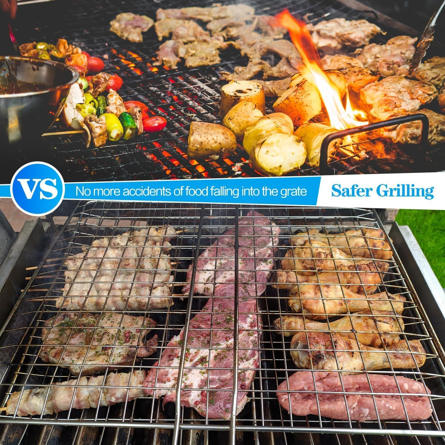 Cozioz Large Folding Grill Basket with Cleaning Brush &ndash; Stainless Steel BBQ Basket for Chicken, Meat, Steak, Chops, and Vegetables image number 4