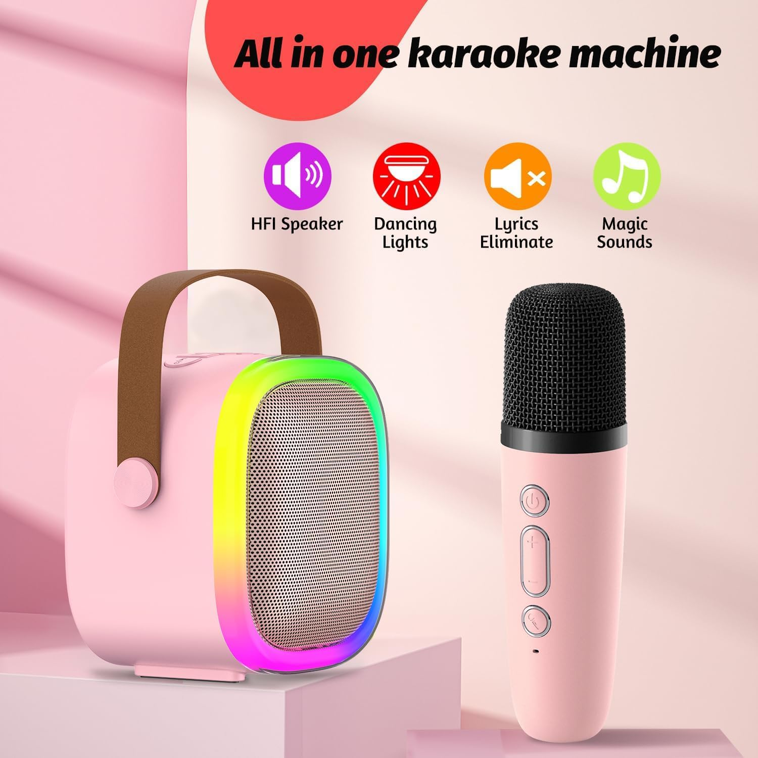 ZONEY Kids Karaoke Machine,Karaoke Microphone Machine Toy with 2 Wireless Microphones, Portable Bluetooth Speaker Gift with Colorful Lights for Girls Boys Family Home Party (Pink)