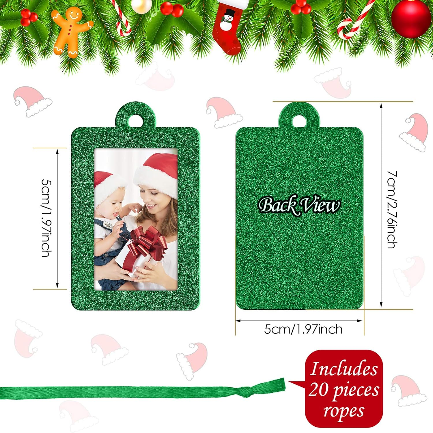 20 Pieces Christmas Photo Frames Ornament Mini Felt Hanging Picture Frame Small Picture Frame Christmas Tree Hanging Ornament for Family Xmas Holiday Party Decoration, Glitter 5 X 7 Cm (Green) image number 3