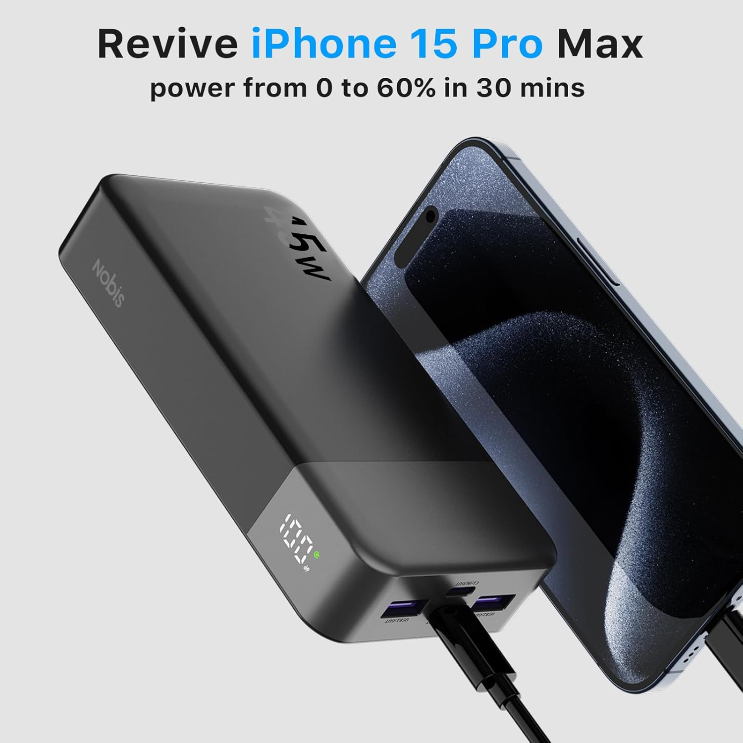 NOBIS Power Bank 45W Portable Charger 20000Mah External Battery Pack USB C Fast Charging, 4 Ports with LED Digital Display, Compatible with Laptop, Phone 15 14 13 Pro S23 S22 (Black)