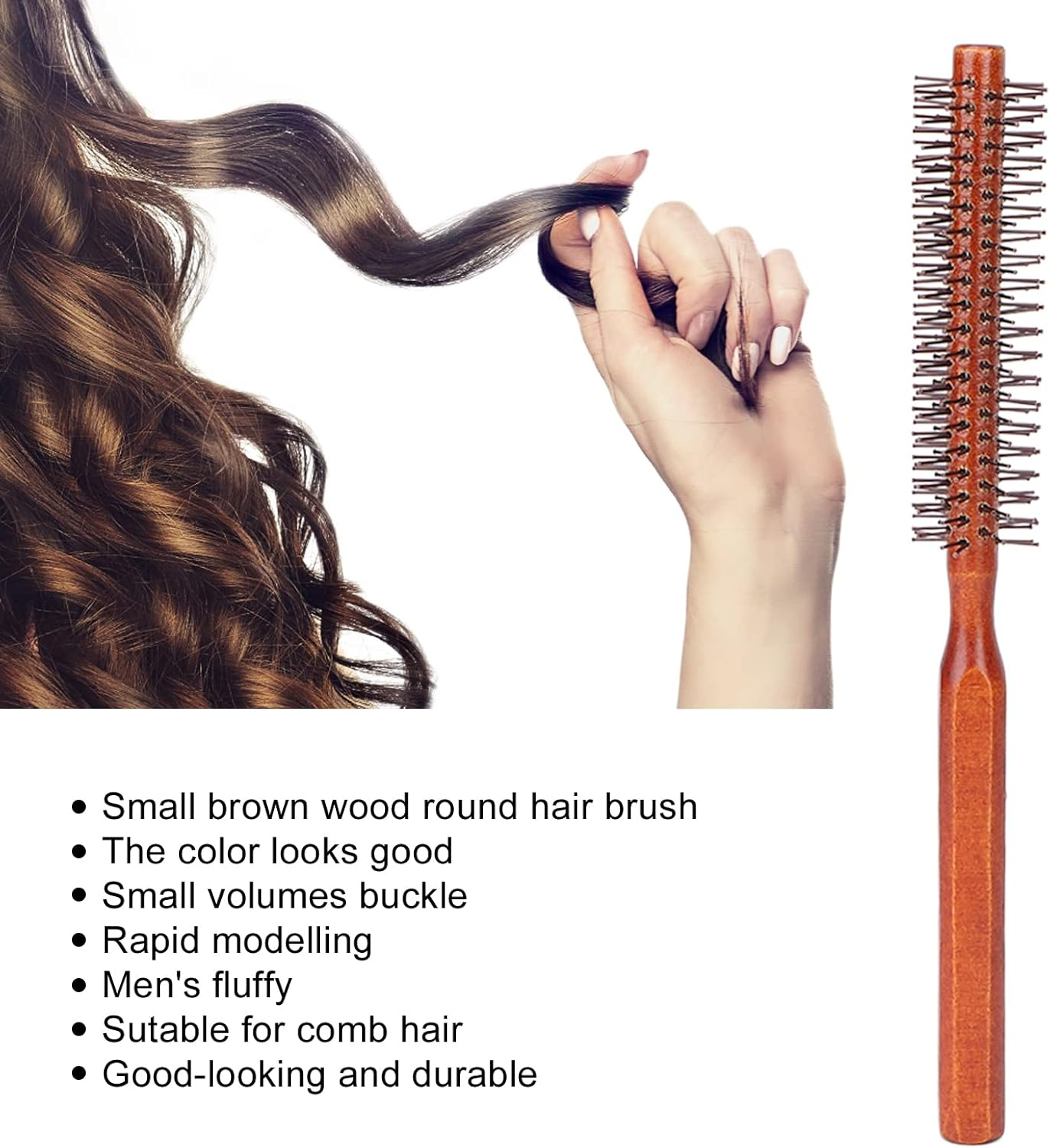 QANYEGN Wood Handle Curling Brush, Freestyle Small round Roller for Barbershop and Home Use, Unisex Beauty Hair Styling image number 1