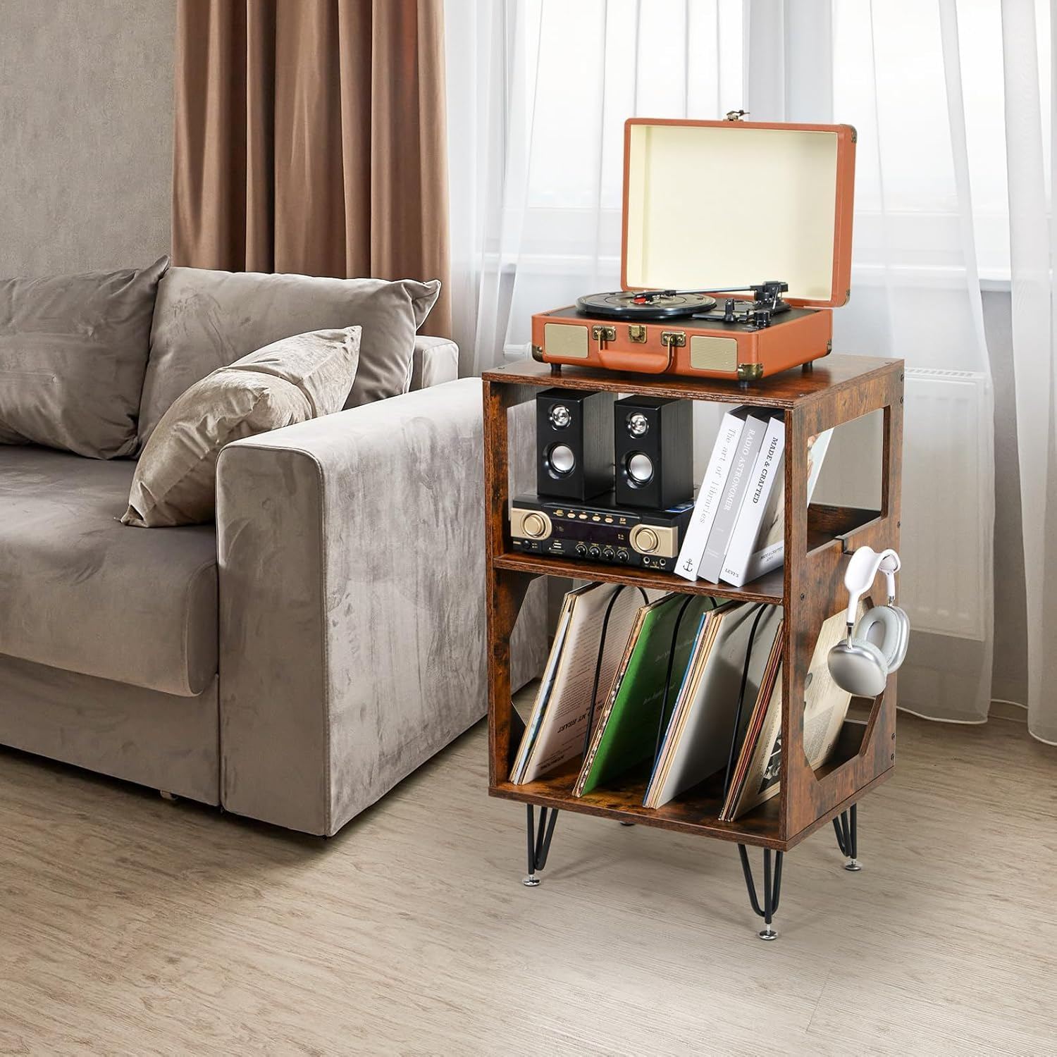 Vinyl Record Stand, 2 Tier Record Player Stand with Vinyl Storage, Rustic Record Player Cabinet for up to 160 Albums, Vinyl Record Storage with Metal Legs for Music Room Living Room - Rustic Brown image number 4