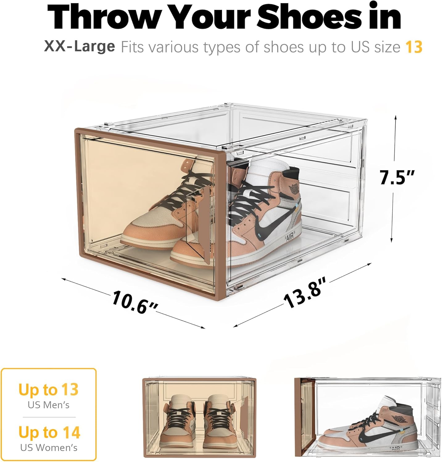 SEE SPRING 6 Packs Large Hard Plastic Shoe Organizer Box Compatible with Christian Louboutin Magnetic Door, Sturdy Stackable Clear Bins, Toy Storage, Entryway Rack (6 Packs - Coffe&Clear) - Coffeclear image number 3