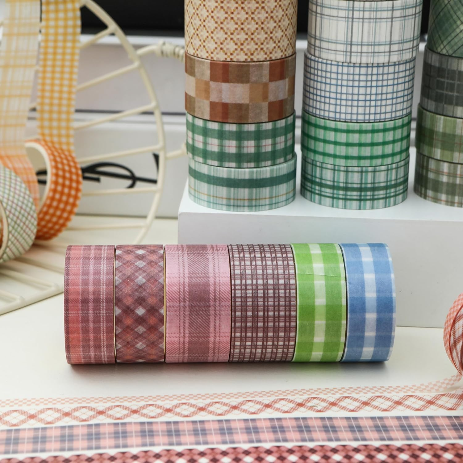 36 Rolls Grid Washi Tape Pack Plaid Arts Adhesive Tapes Basic Patterns Decorative Masking Tape Set for Craft, Kids, Scrapbook, DIY, Gift Wrapping (1-Pink & Orange) image number 1