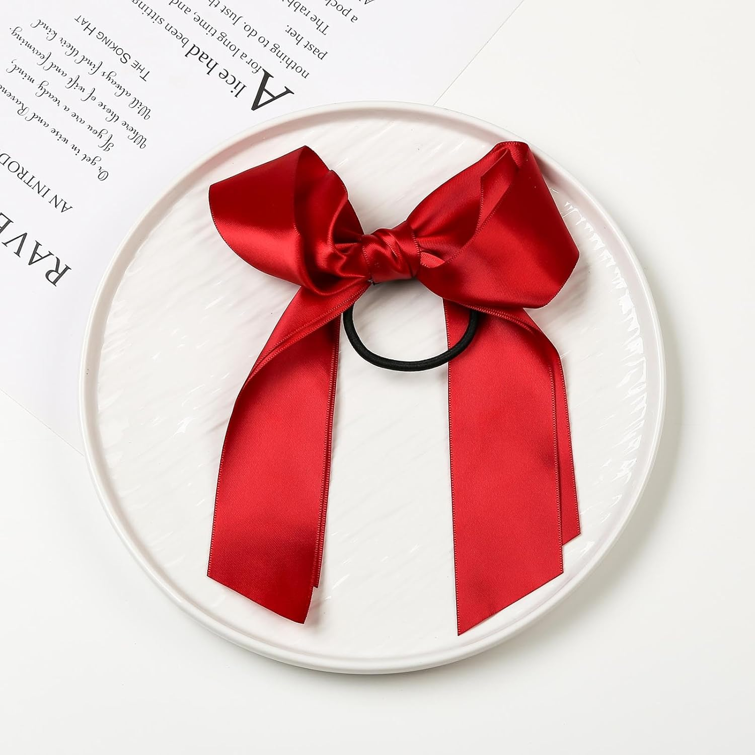 Crymystal Silky Satin Bow Hair Tie Red Bow Elastic Band Satin Hair Rope Tie Bowknot Ponytail Holder Ponytail Scrunchies Hair Accessories for Women and Long Hair Fashion Hair (Red) image number 2