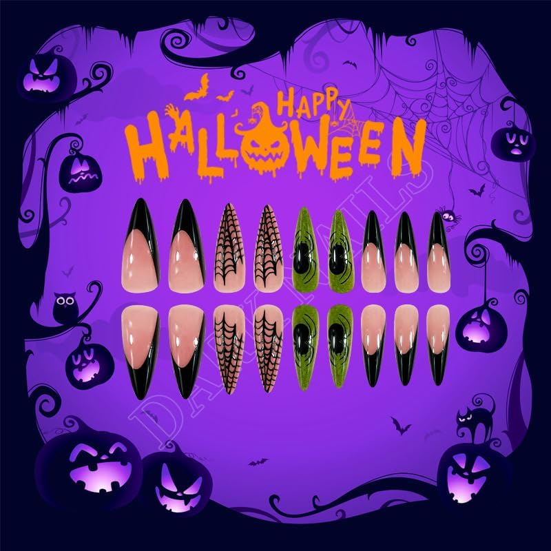 Mouyouglow Press on Nails Long, Stiletto Halloween Spider Web Black French 3D Spiders Skull Creepy Spooky Horror Gothic Fake Nails with Nail Glue, Black Tips Artificial Fingernails Nails-Hae5