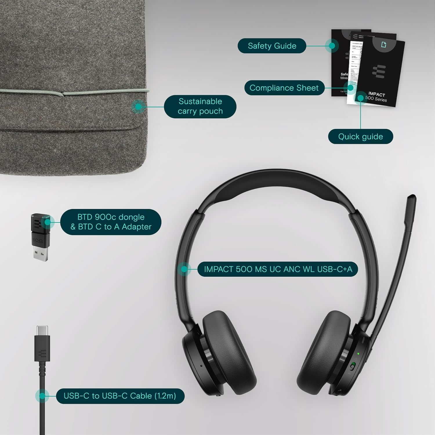 EPOS Impact 500 ANC Wireless Headset &ndash; Teams Certified with USB-C & USB-A Connectivity &ndash; Advanced Bluetooth Audio for Smarter, Distraction-Free Work image number 3