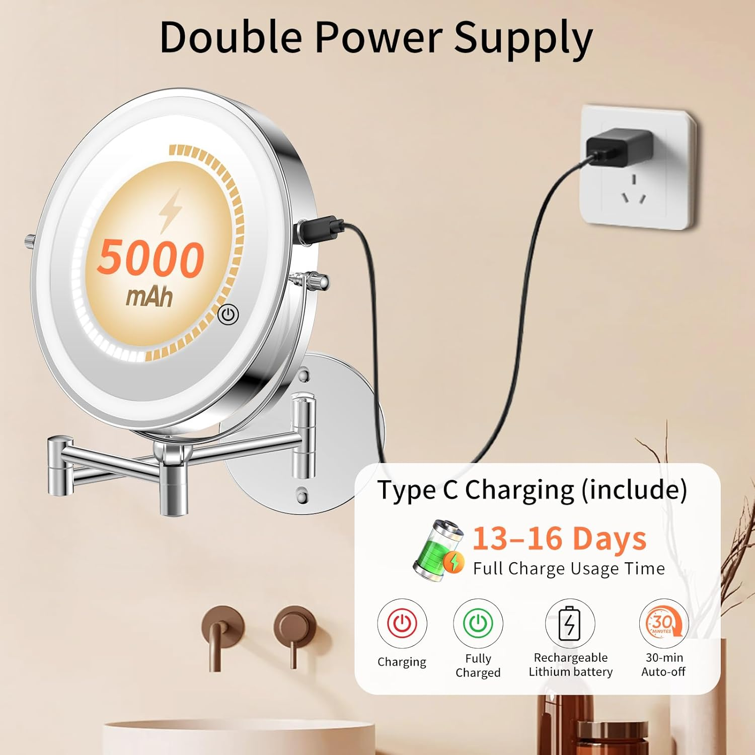 Famihomii Rechargeable Cosmetic Mirror with LED Lighting, Makeup Mirror with 1-10X Magnification and Touch Switch Battery image number 4