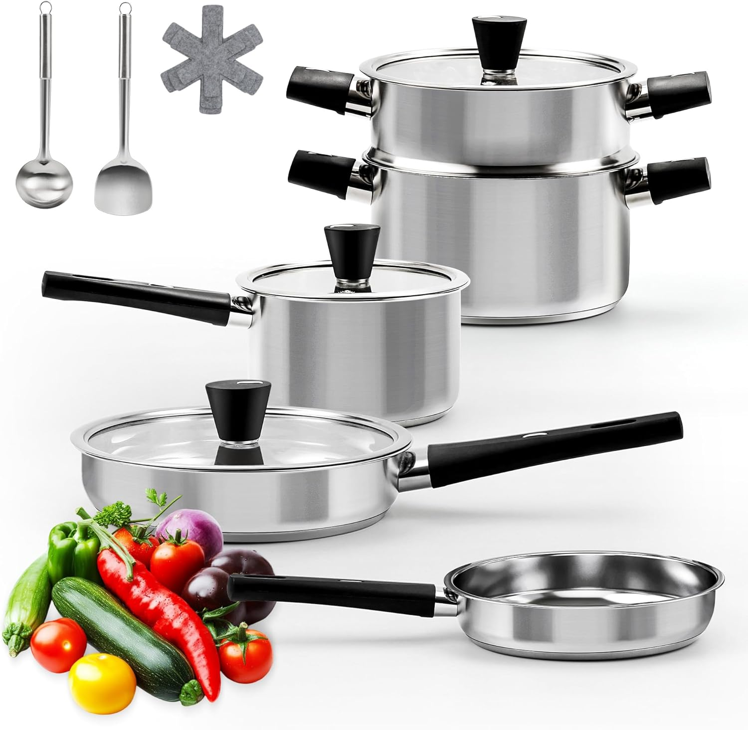 ASKSCICI Stainless Steel Cookware Set, 14-Piece Pots and Pans Set, Kitchen Cookware Set with Stay-Cool Handle, Non-Toxic, Dishwasher Safe & Compatible with All Stovetops (Gas, Electric & Induction) image number 5