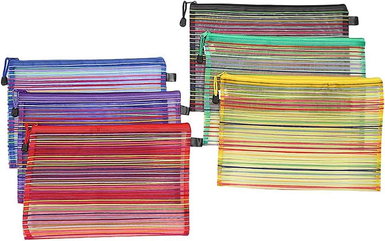 GSHLLO 6 Pcs A4 Zipper Mesh Pouches Wallets Small Striped Document Pouch Travel File Storage Bags Cases Colorful Puzzle Organizing Bag Office Supplies Organizer Pouch for Home School image number 1