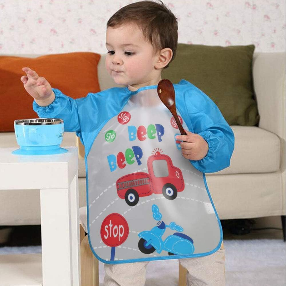 Vicloon Bibs with Sleeves,4 Pcs Waterproof Long Sleeve Bib Unisex Feeding Bibs Apron for Infant Toddler 6 Months to 3 Years Old image number 2