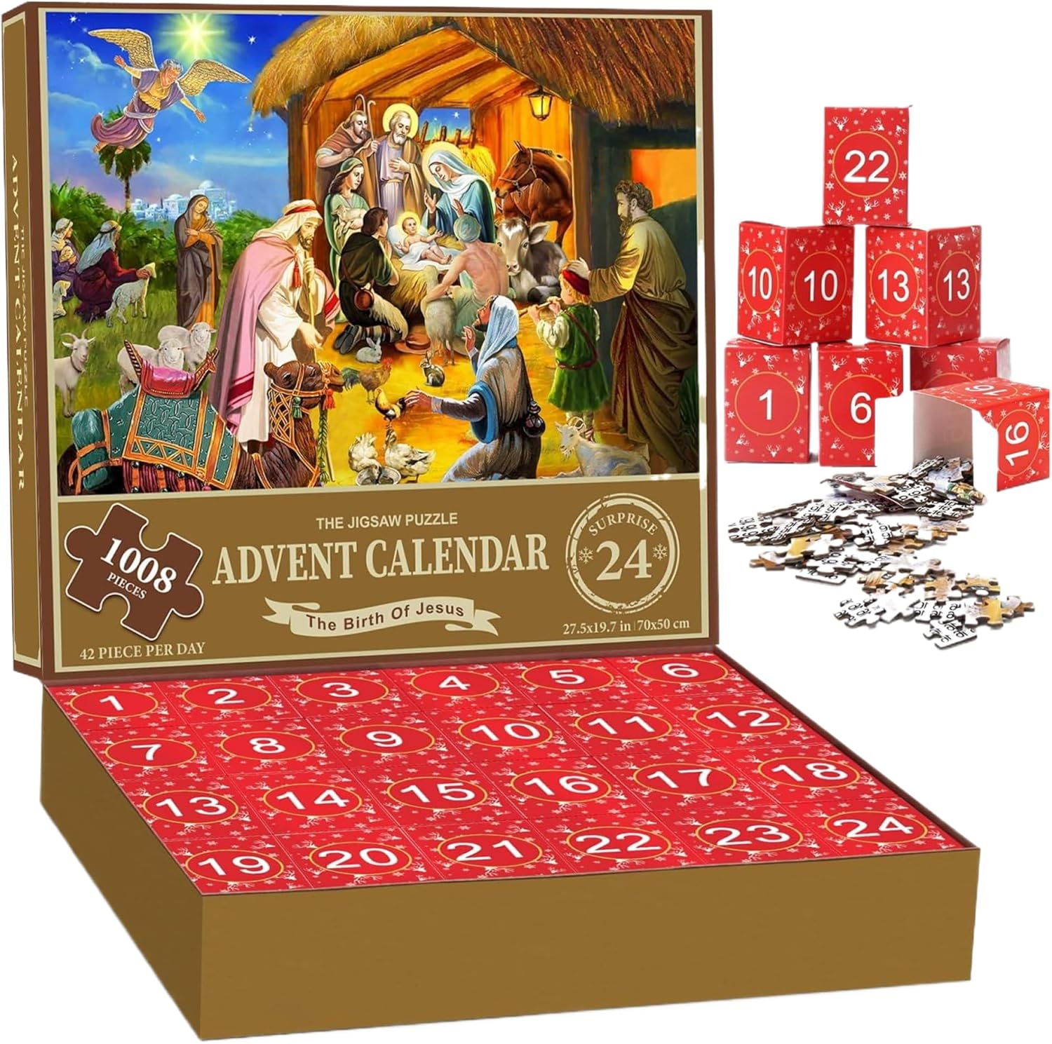 Christmas Advent Calendar 2024, 1008 Pieces Jigsaw Puzzle, 24 Days the Birth of Jesus Christmas Countdown Calendar, Advent Calendar Puzzle for Adult Kids image number 1