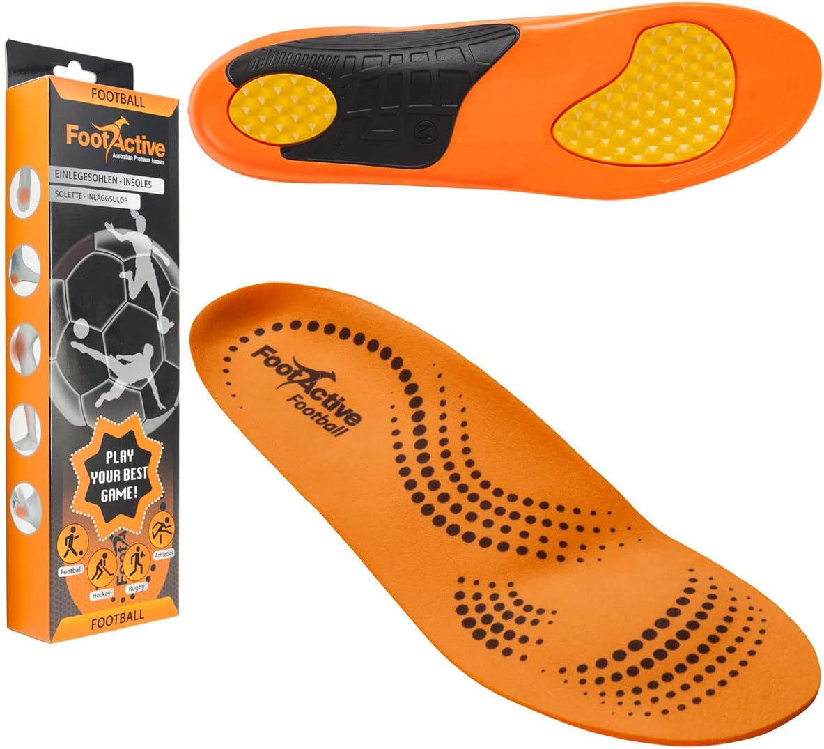 Footlogics Football Orthotic Insoles for Rugby, NRL, AFL & Soccer Boots and Athletics Shoes, Provides Support and Cushioning, Gel Pads in Heel & Forefoot, Relieves Sports Injuries, Full Length, Large, Pair image number 3