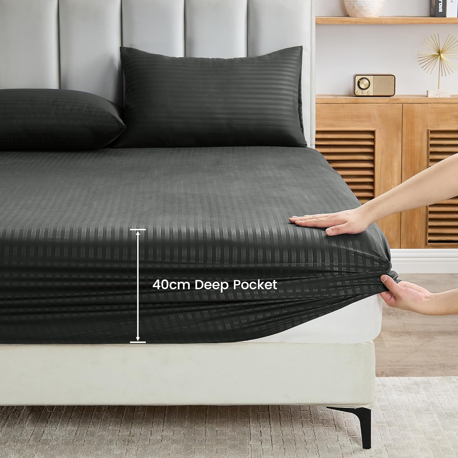 LINENOVA Luxury Stripe Bed Sheet Set King &ndash; 4 Piece Hotel-Quality 2000TC Ultra-Soft Microfibre &ndash; 40Cm Deep Fitted Sheet, Flat Sheet & Pillowcase &ndash; Deep Grey image number 6