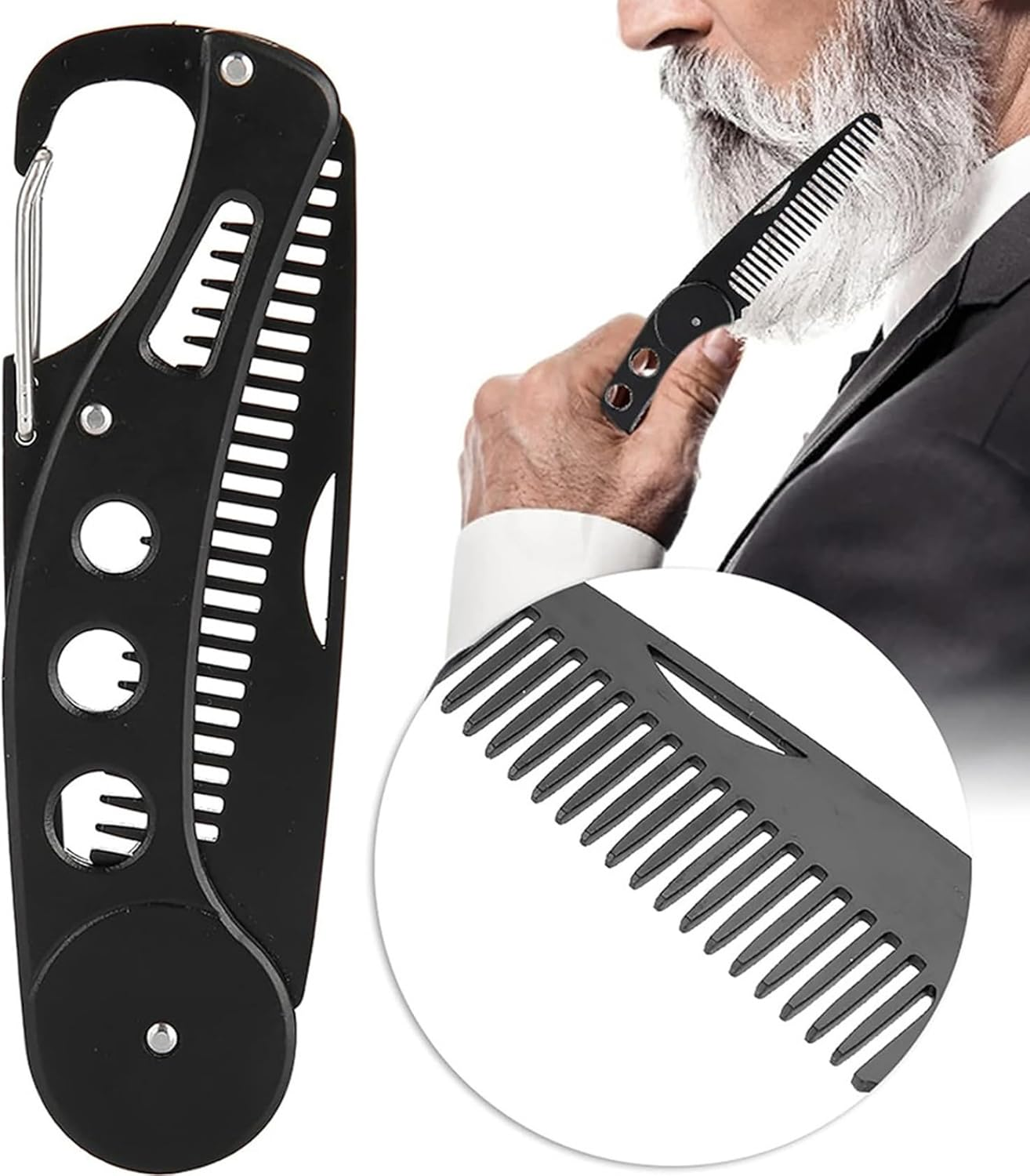 Mustache Comb, Stainless Steel Folding Beard Comb with Leather Cover, Portable Multifunction anti Static for Men Grooming, Combing Hair, and Mustache Styling image number 1