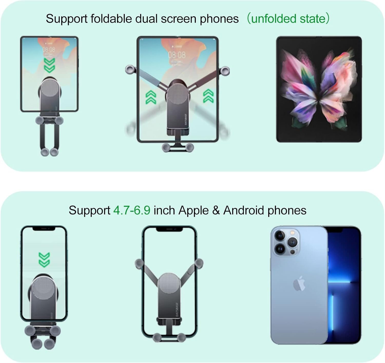 Xuenair Amazing Z Fold Car Mount Universal Car Mount Aluminum,Vent Samsung Z Fold 3 Car Mount for Galaxy Z Fold 4 3 2[Without CASE] S21 S20 Iphone 13 Pro Max 4.7-8" Phones-Black - Black-F image number 2