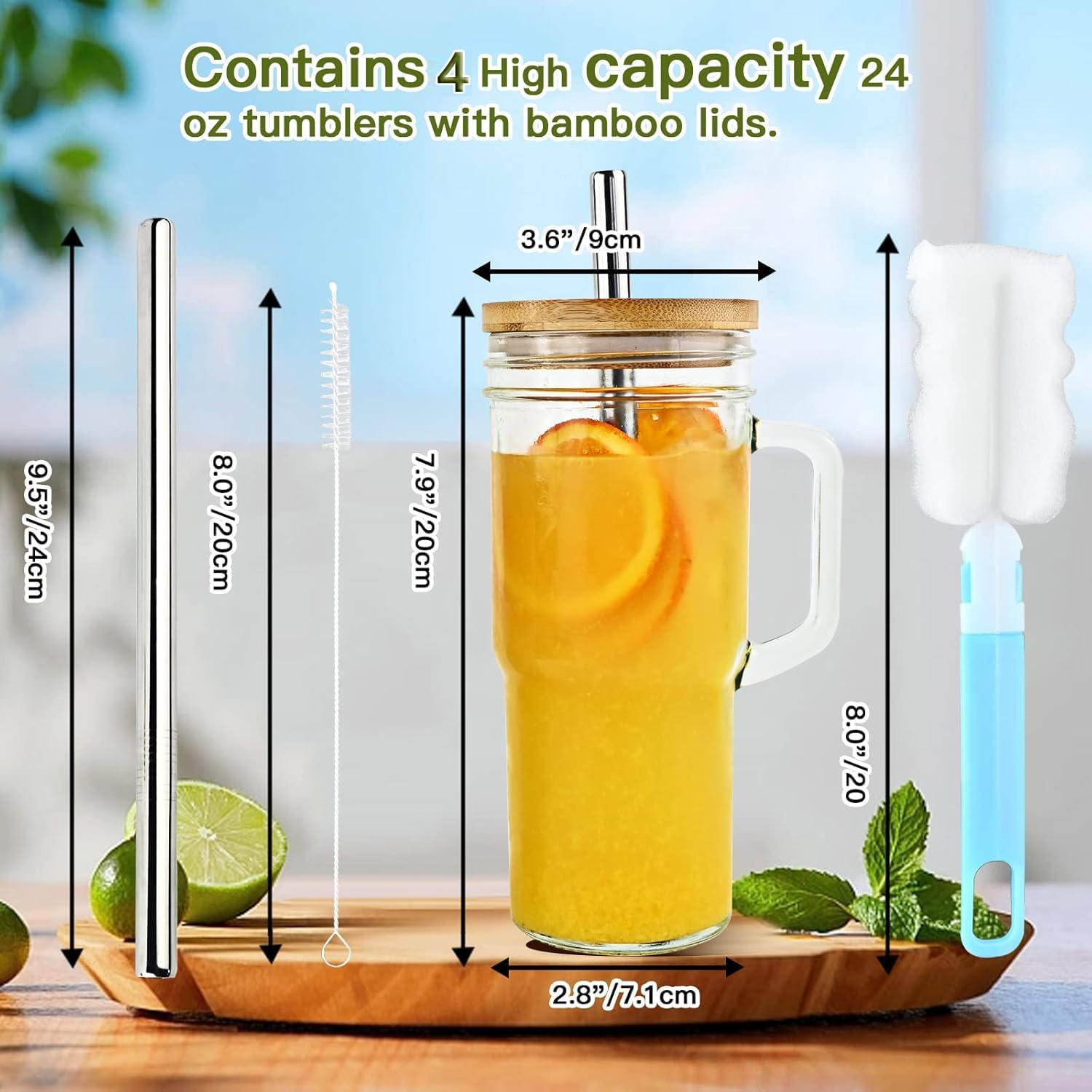 Glass Cup with Bamboo Lids and Straws 4Pcs 24Oz/700Ml Mason Jar Drinking Glass with Handle Straw Brush-Wide Mouth Reusable Drinking Glasses for Water Iced Tea or Coffee image number 4