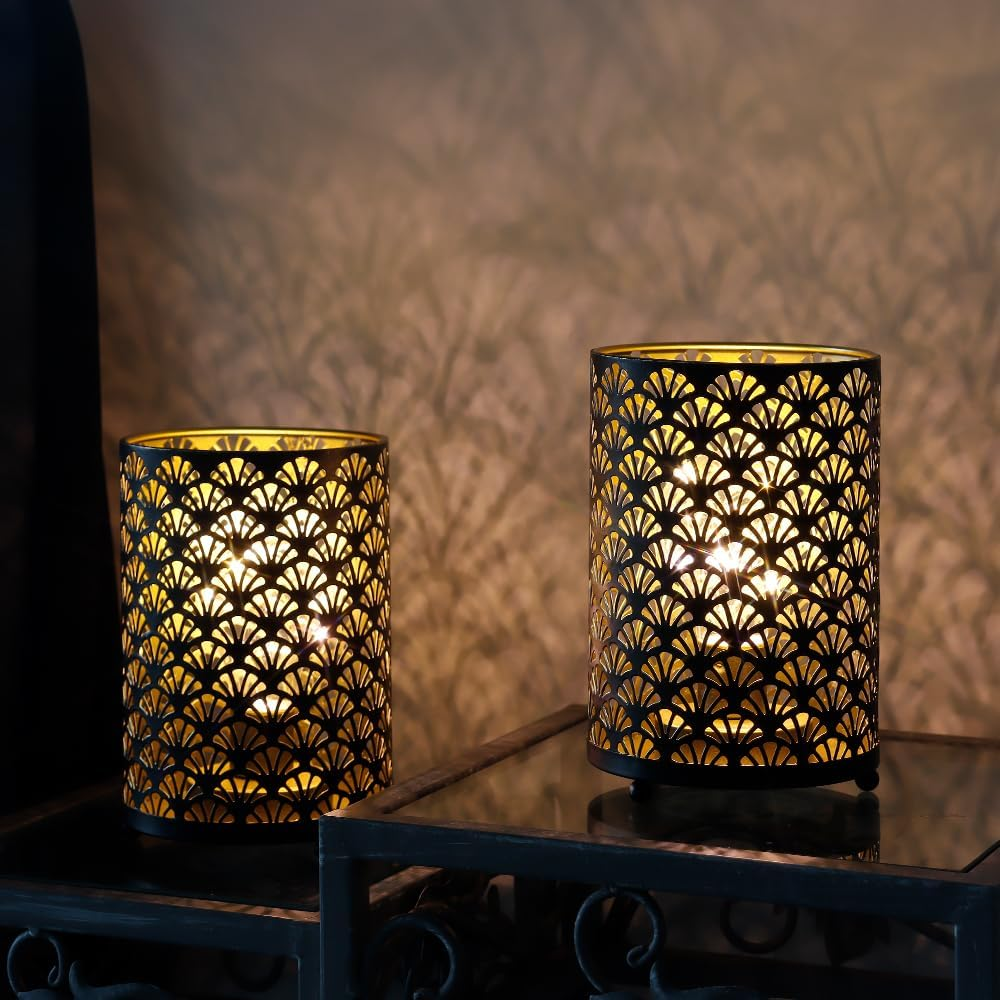 TRIROCKS Set of 2 Battery Operated Lamp 16Cm Tall Metal Cordless Table Lamp Bronze Lanterns with Warm Fairy Lights Bulb for Patio Garden Wedding Parties Indoor Outdoor(Scalloped Hollow Pattern) - Brown image number 2