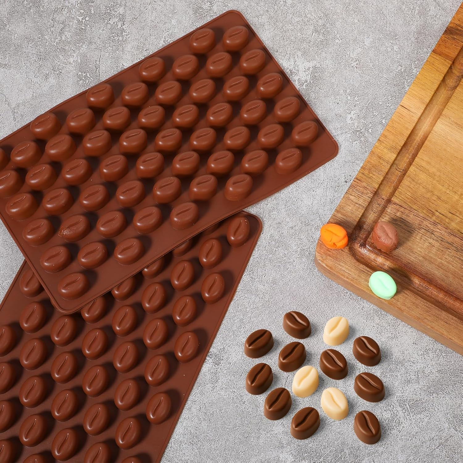 2 PCS 55 Cavity Mini Coffee Beans, Chocolate Sugar Candy Molds, Coffee Bean Shaped Candy Molds, Food Grade Mini Silicone Mold for Cake Decoration Bakeware Mould