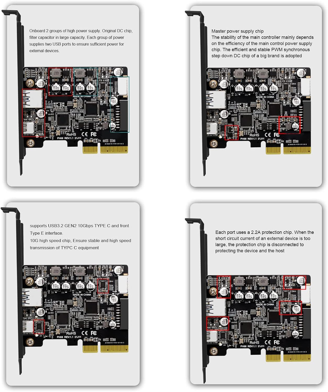 Pcie to USB 3.2 Gen 2 Adapter, Dual Port (1X Type a + 1X Type C), 10Gbps High-Speed Internal 19 Pin Connector, Front Type E for Desktop Computer image number 2