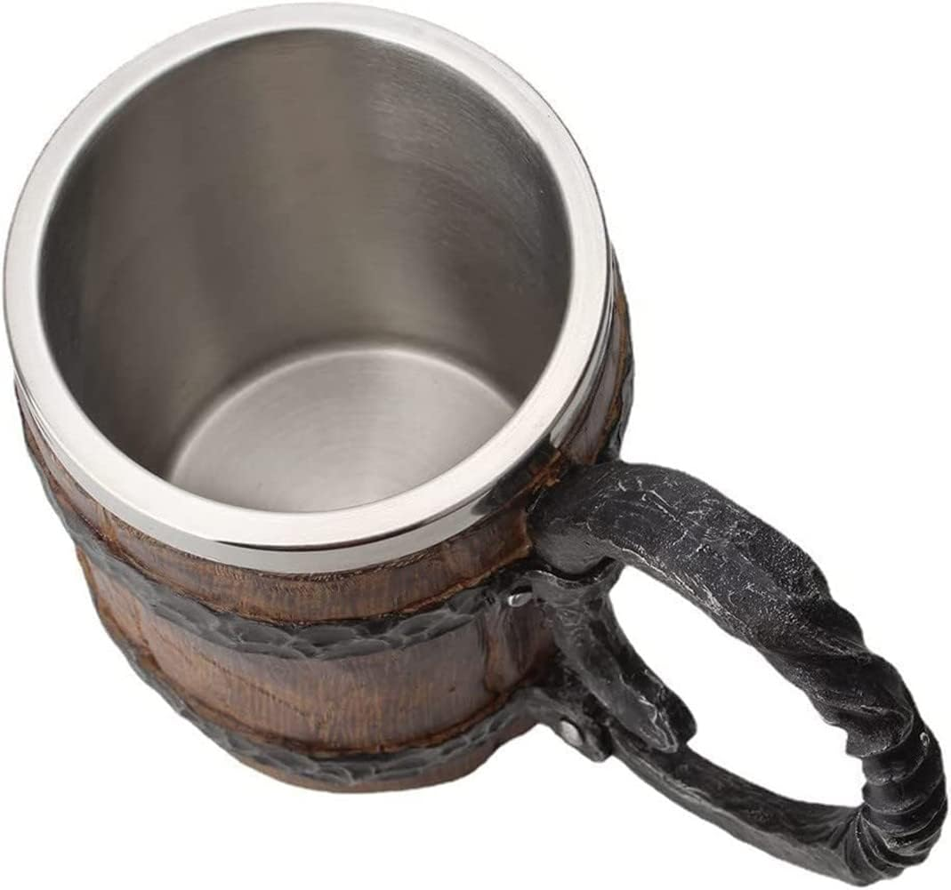 Viking Wood Style Beer Mug,Wood Imitation Barrel Stainless Steel Beer Mug,Vintage Bar Handmade Wooden Beer Mug (Wooden Barrel Beer Mug 550ML) image number 2