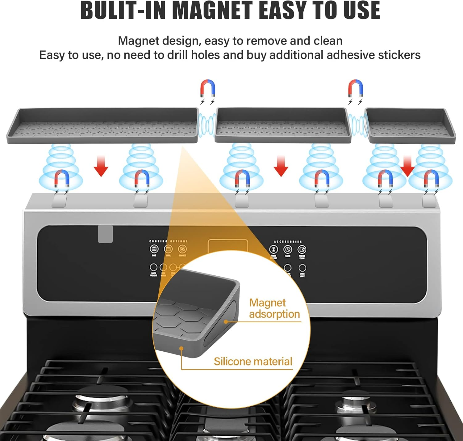 HOOMTREE 30 Inch Stove Top Shelf,Magnetic Silicone Shelf for Stove Top,Segmented Spice Storage Rack Kitchen Organization Shelf,Over Stove Spice Rack Organizer,Stovetop Storage Kitchen Gadgets (Grey) image number 3