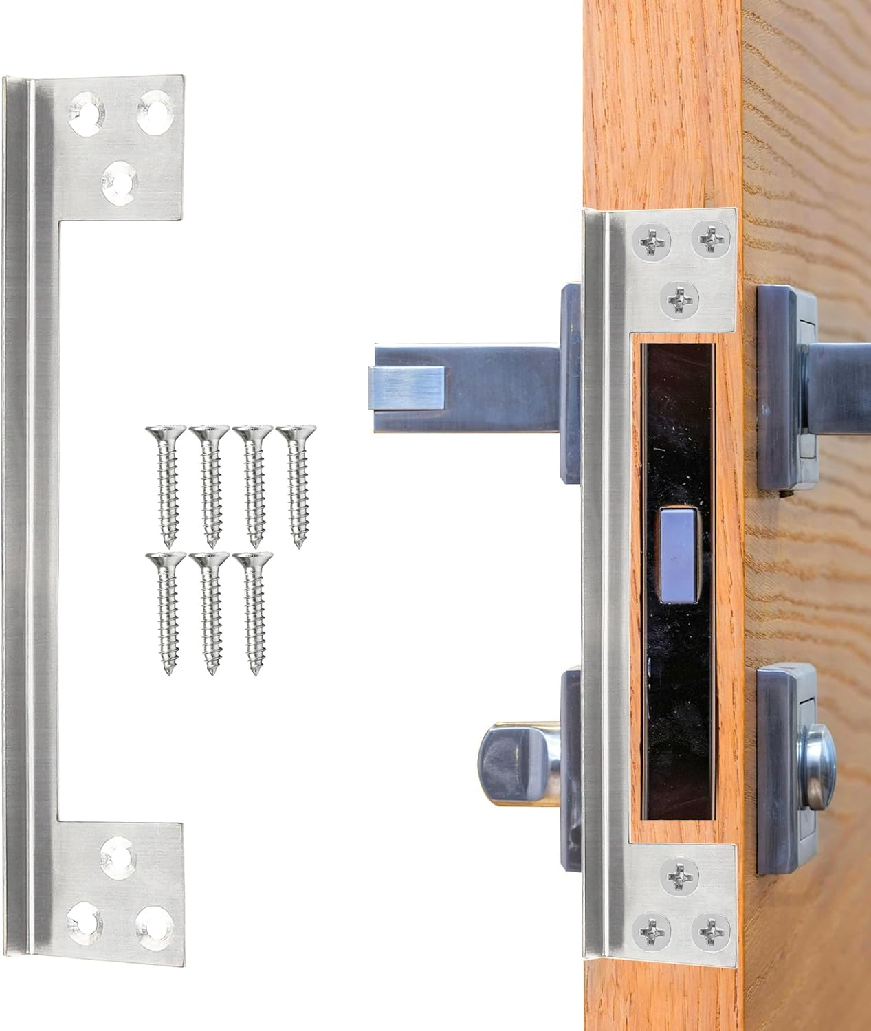 Door Latch Guard Plate, 7" L-Shaped Door Reinforcement Plate, Stainless Steels Outswing Door Security Latch Protector, Door Lock Cover to Block Access to Door Lock Deadbolt (1 Pcs，Silver)